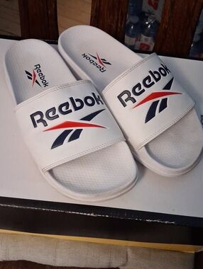 Reebok White Men’s Slide Sandals with Navy & Red Logo Accents